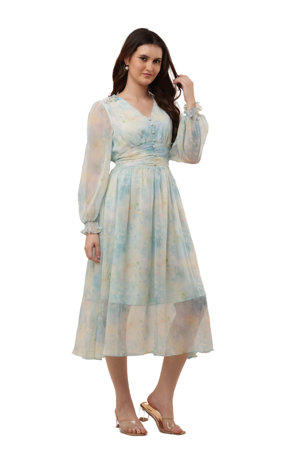 Elegant Floral Ruffle Midi Korean Dress – Sheer Organza | Korean Fashion Clothes