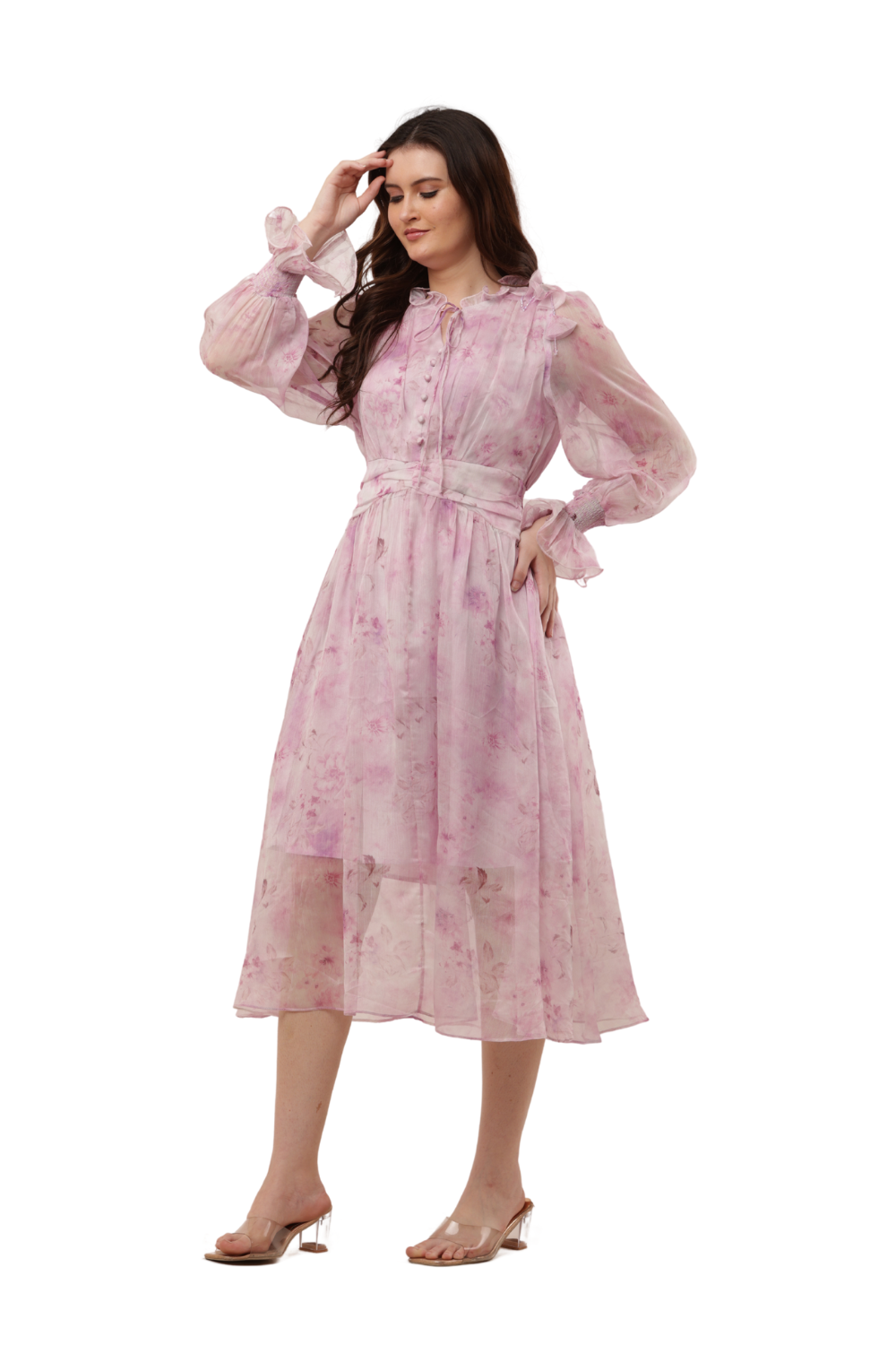 Elegant Floral Ruffle Midi Korean Dress – Sheer Organza | Korean Fashion Clothes