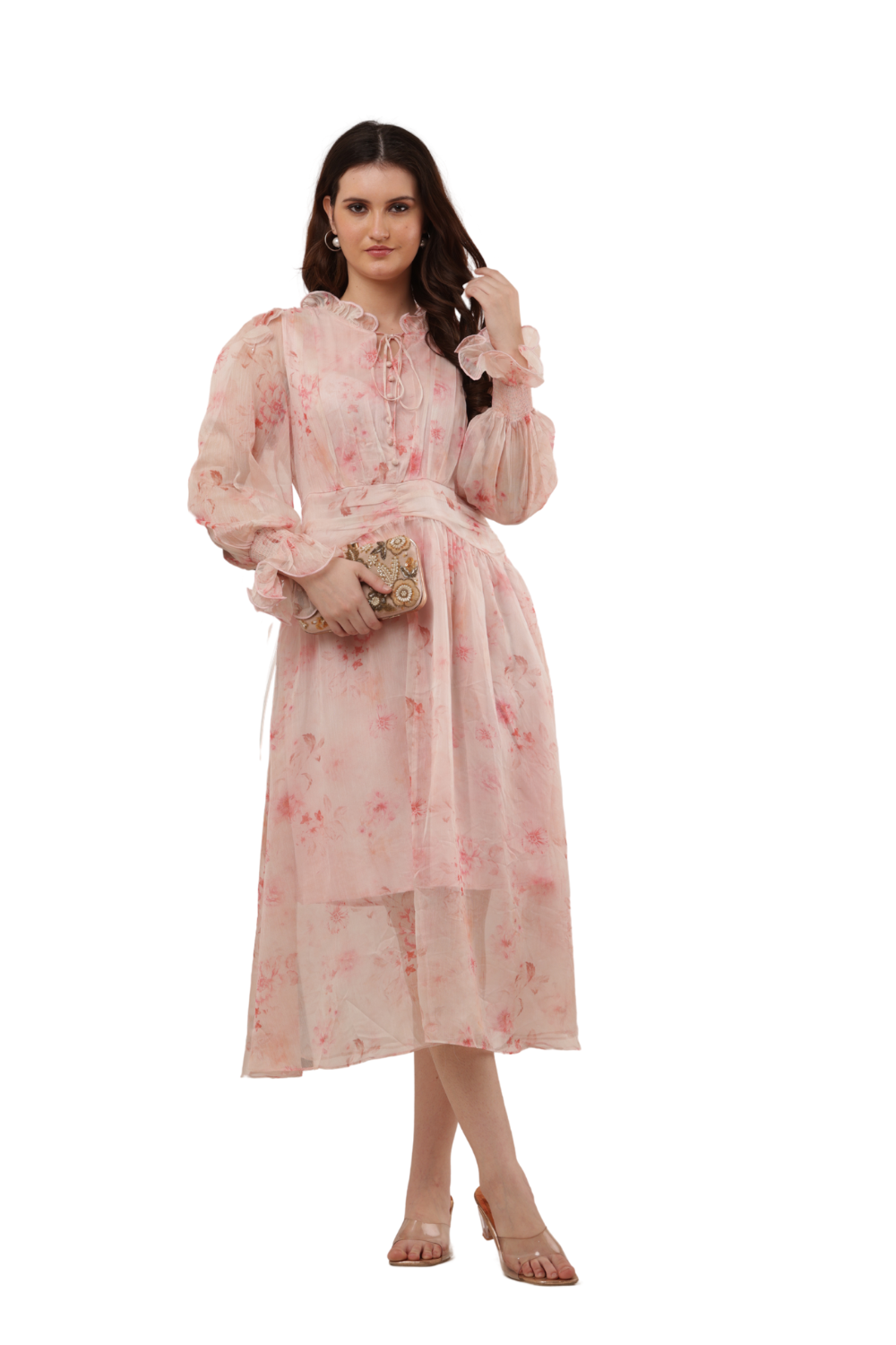 Elegant Floral Ruffle Midi Korean Dress – Sheer Organza | Korean Fashion Clothes