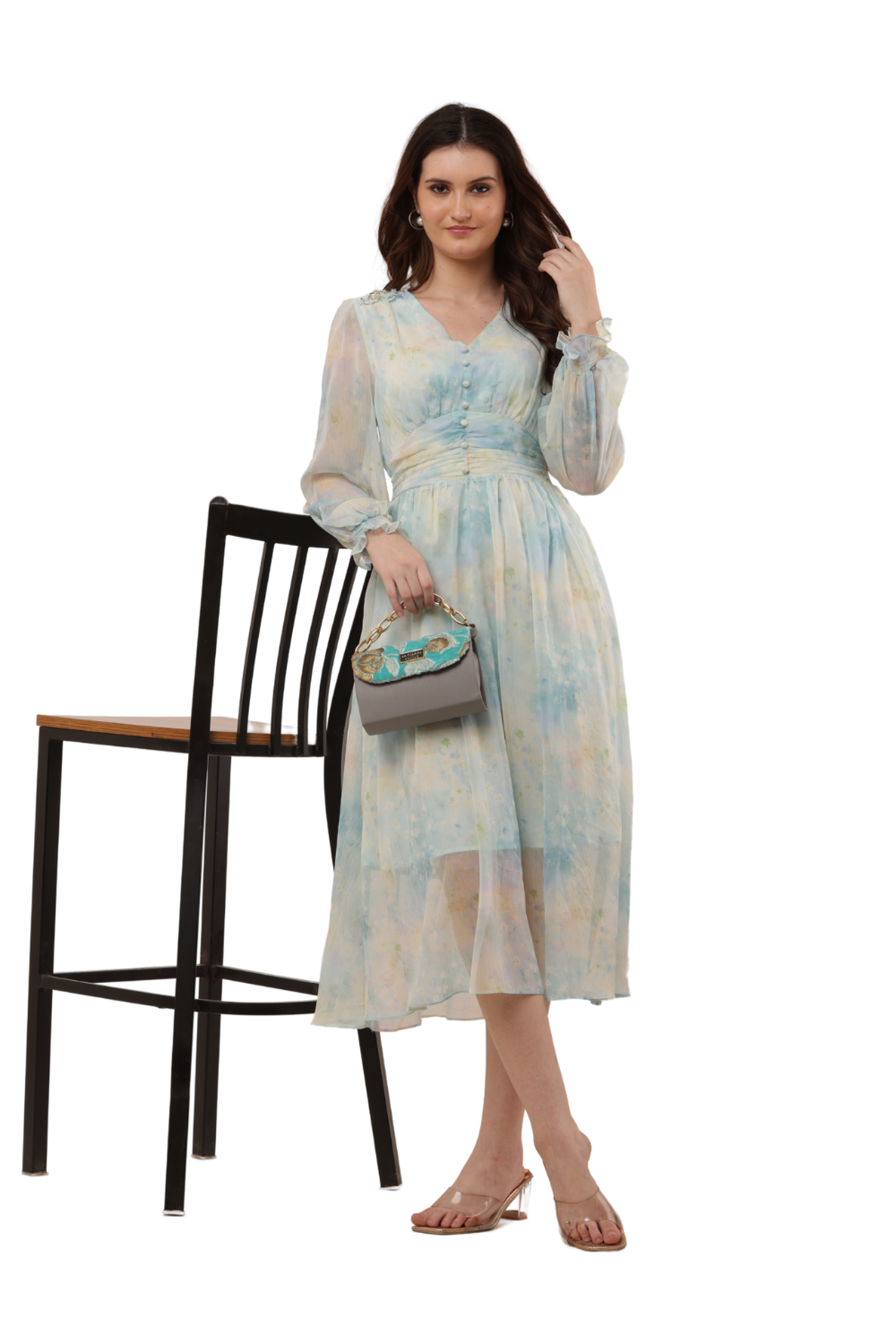 Elegant Floral Ruffle Midi Korean Dress – Sheer Organza | Korean Fashion Clothes