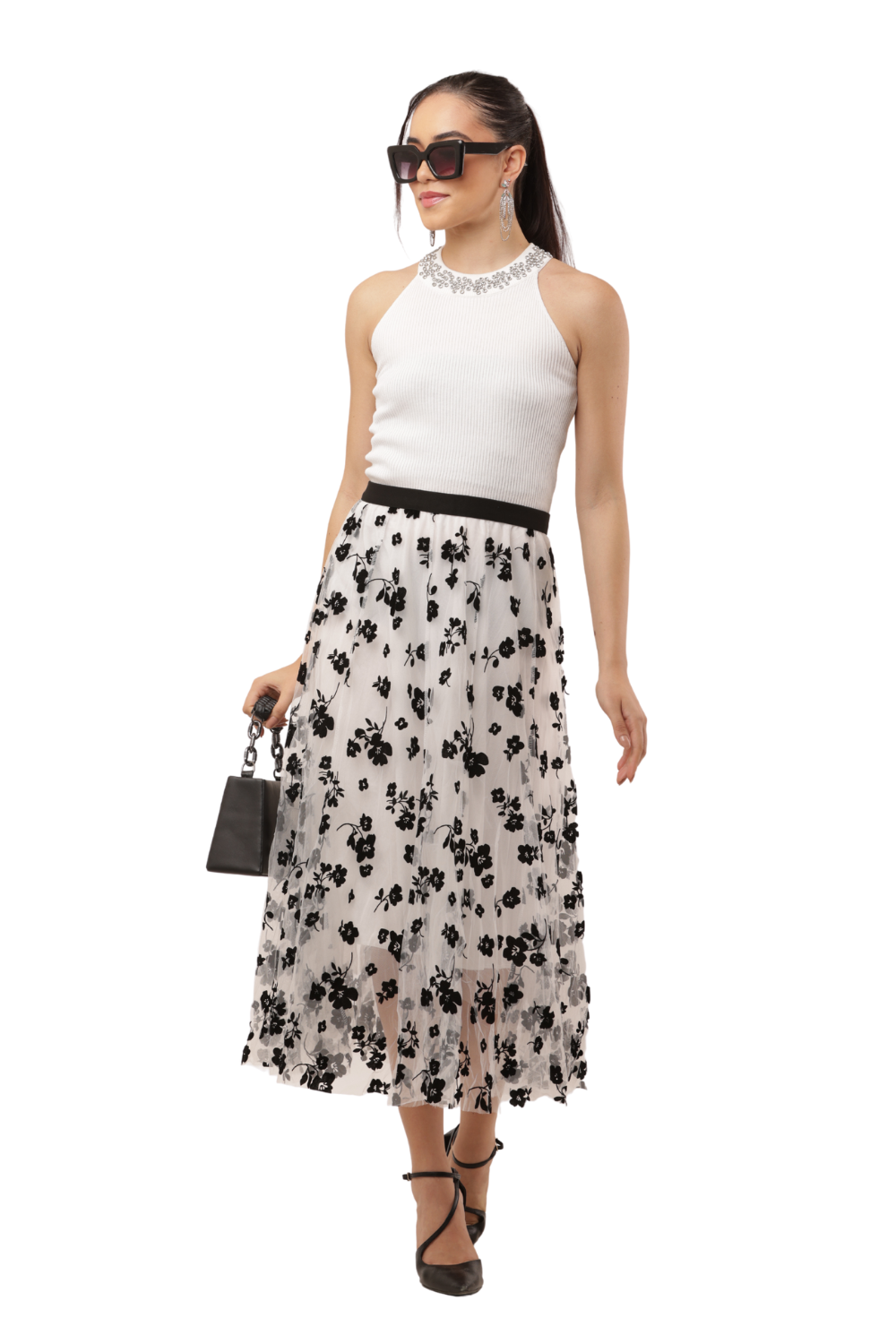 Black Mesh Floral Embroidered Korean Long Skirt – High Waist, A-Line, Pleated Midi