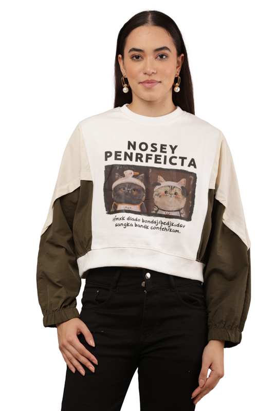 Colorblock Cat Print Korean T-Shirt – Oversized Crop Sweatshirt