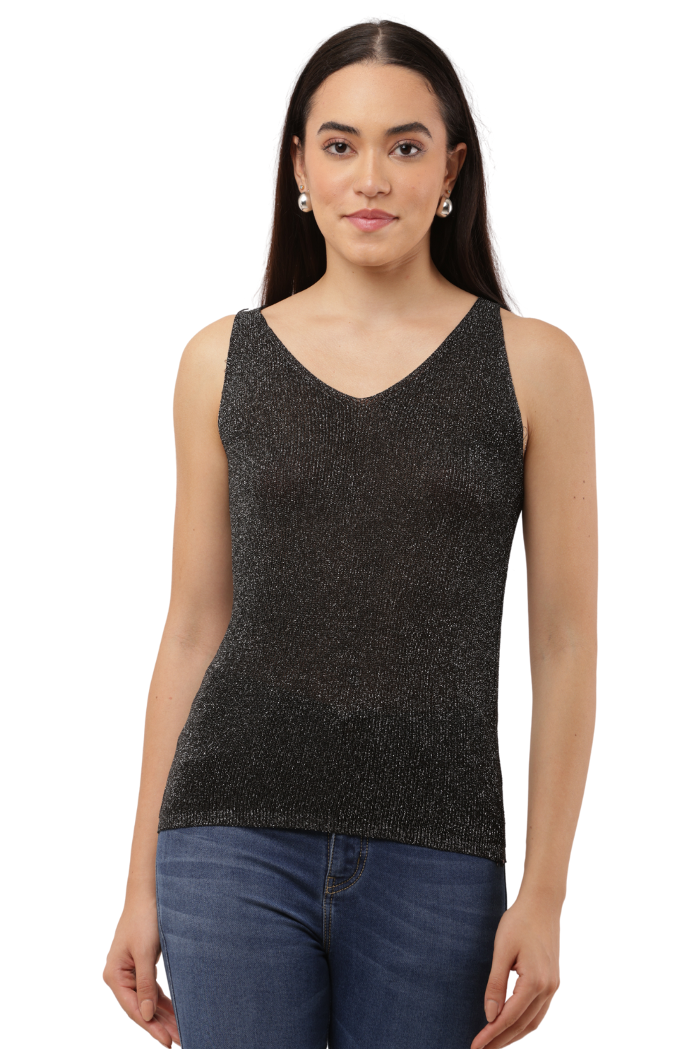 ✨ Shimmer Knit Sleeveless Top – V-Neck Style