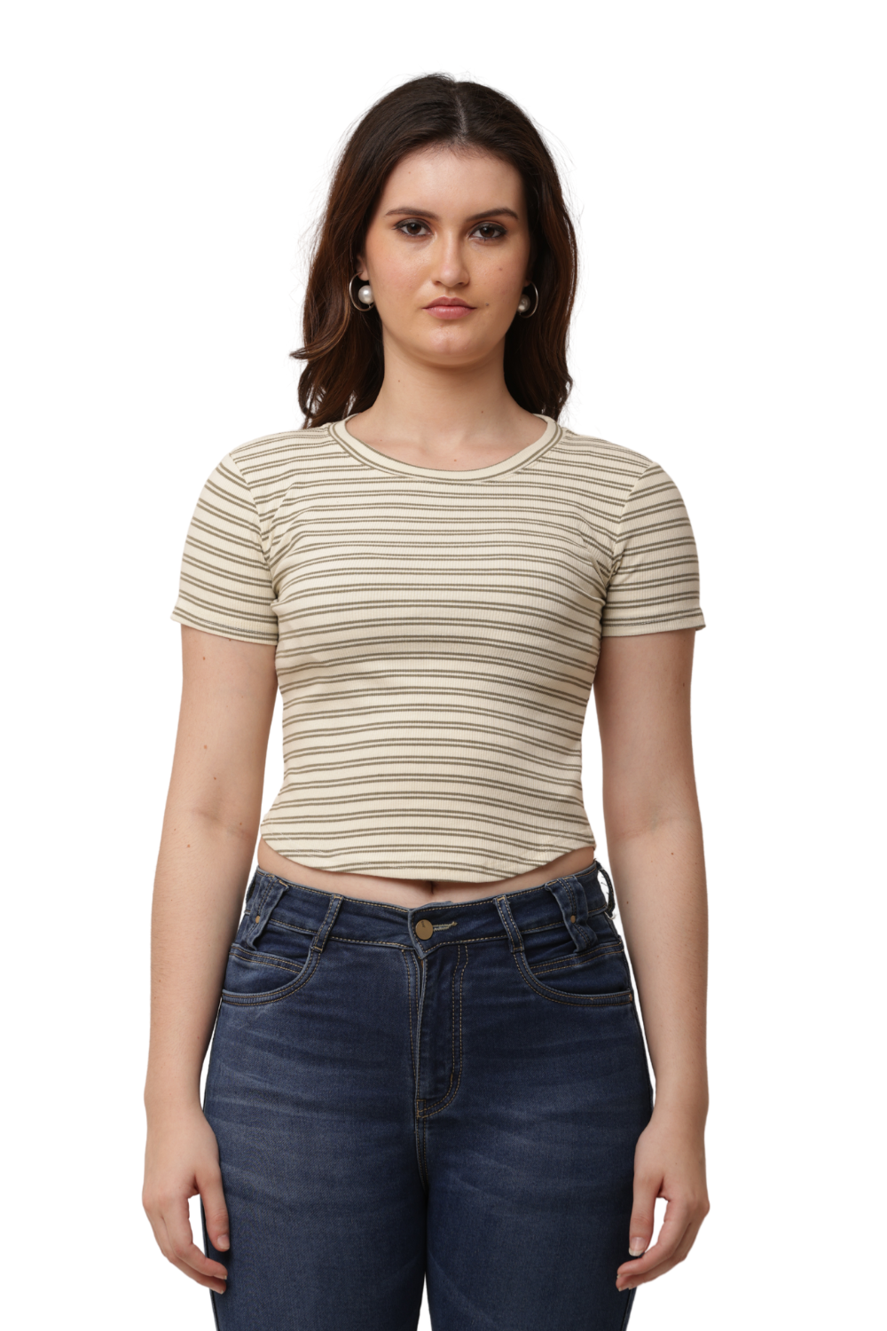 Ribbed Fitted Striped Korean T-Shirt Free Size – Casual Round Neck Tee