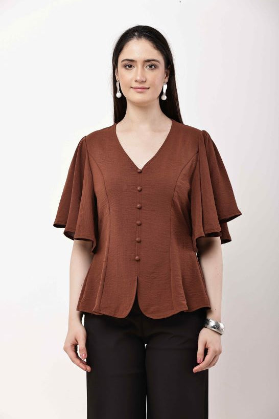 Olive Green Women Top Flutter Sleeve Elegant Blouse