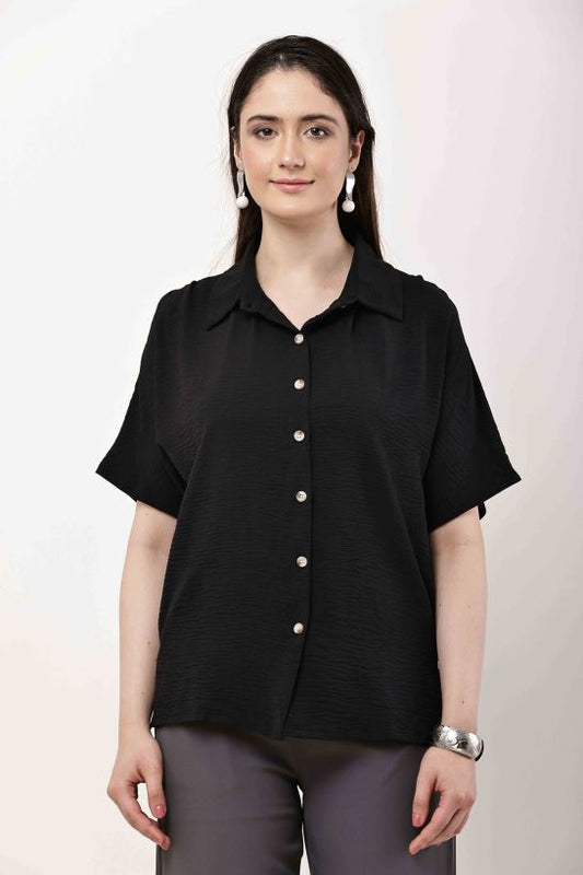 Black Textured Relaxed Fit Shirt for Women | Korean Style Top