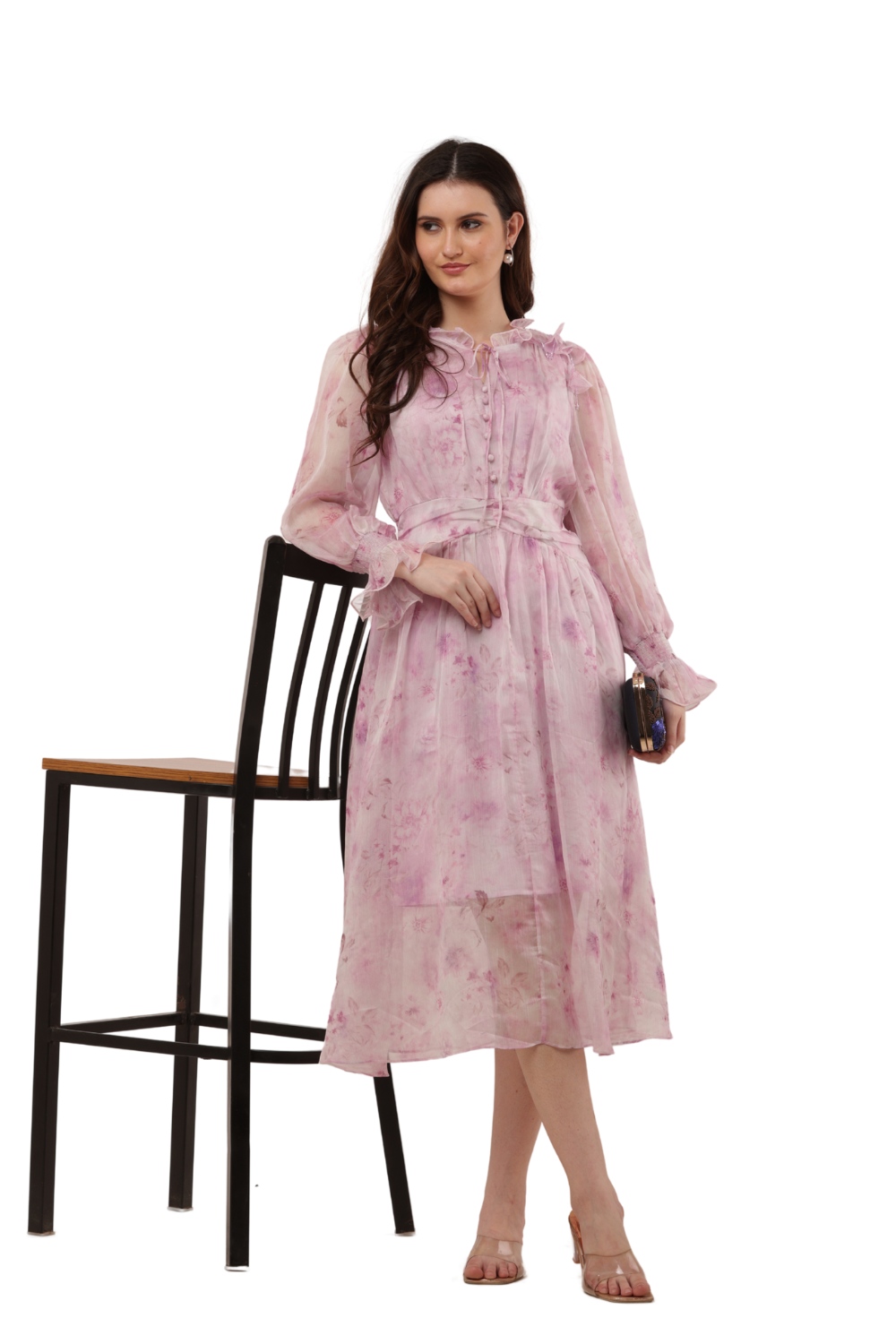 Elegant Floral Ruffle Midi Korean Dress – Sheer Organza | Korean Fashion Clothes