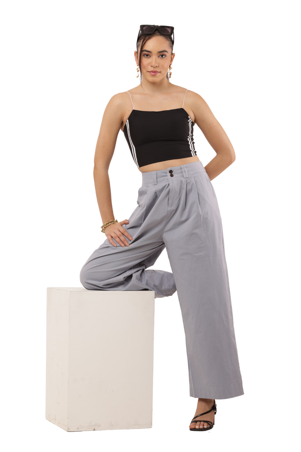 High-Waist Wide-Leg Korean Cotton Pants – Light Grey