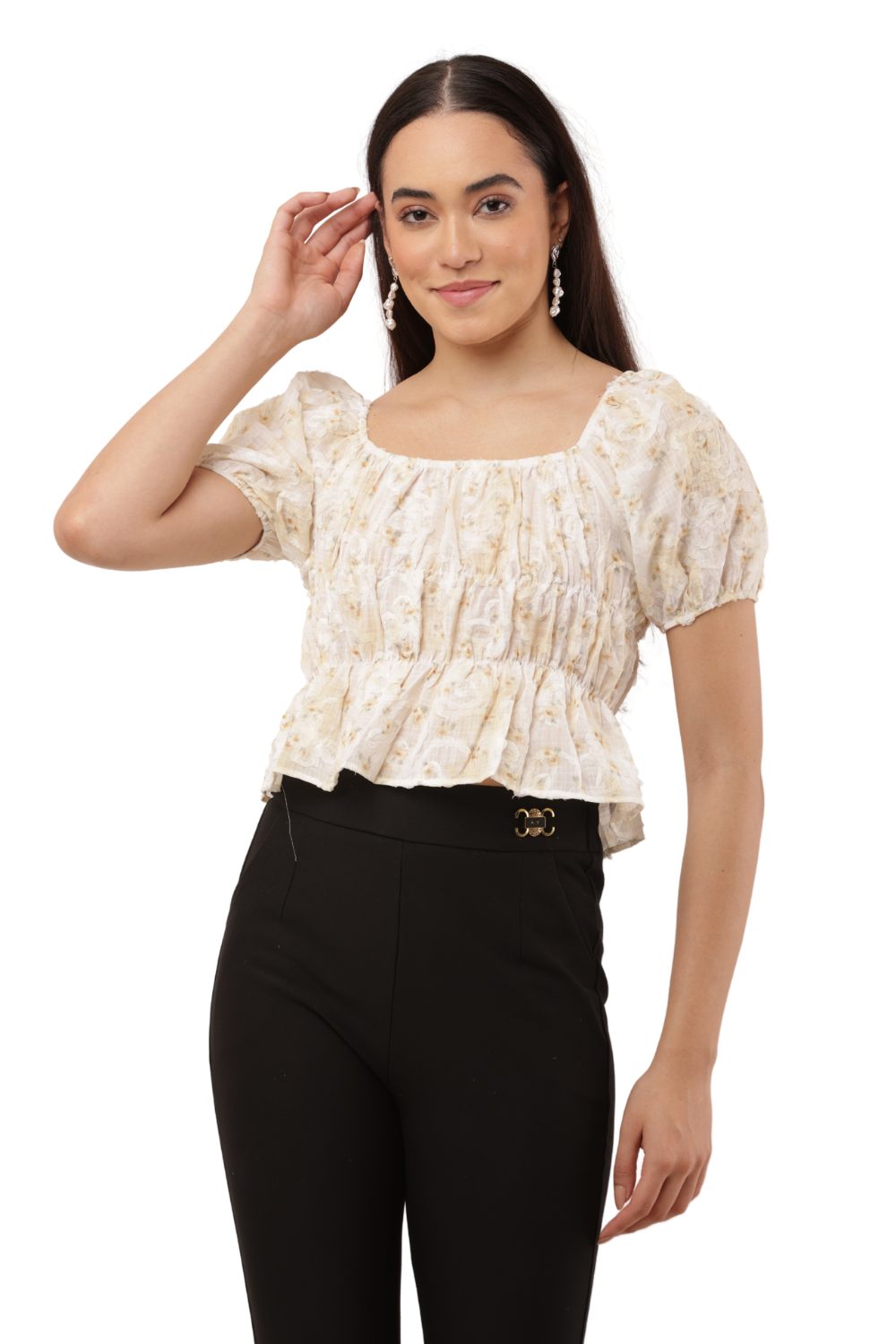 Blush Pink Floral Sheer Puff Sleeve Peplum Korean Top