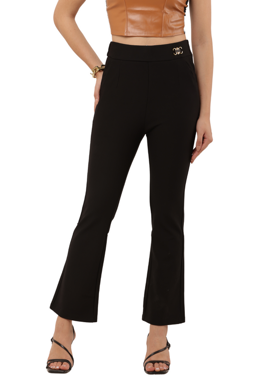 High-Waist Black Flared Pants with Gold Buckle – Korean Fashion Style