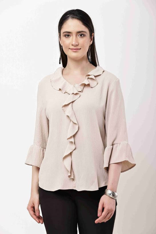 Beige Ruffle Top Women Flared Sleeve Elegant Blouse