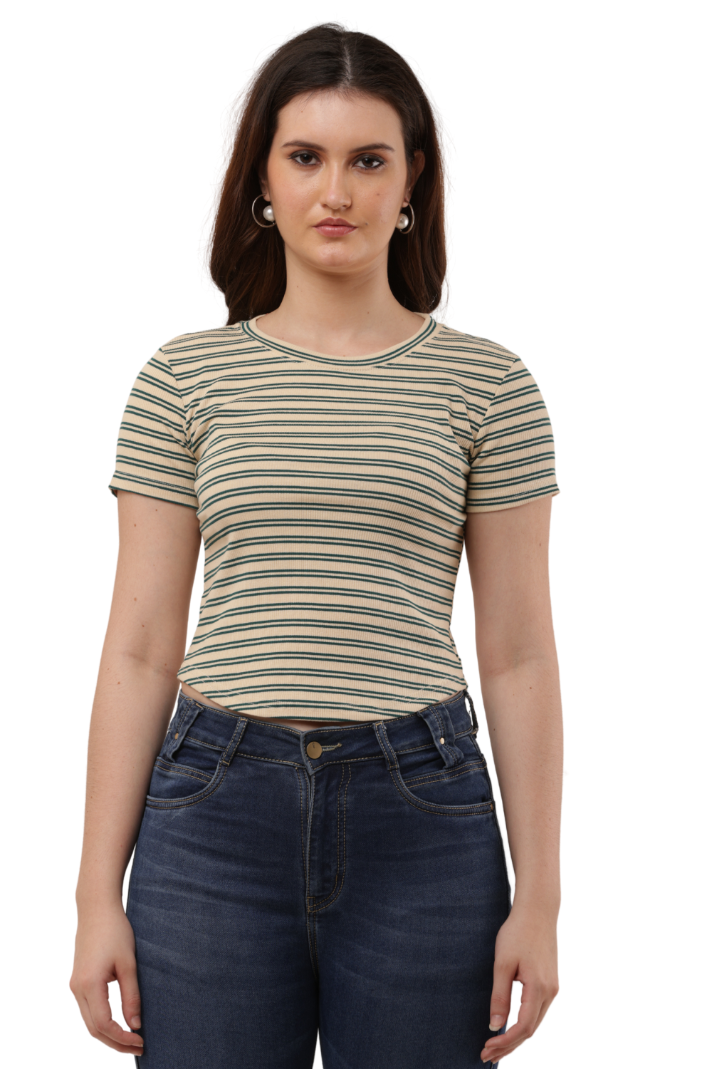 Ribbed Fitted Striped Korean T-Shirt Free Size – Casual Round Neck Tee