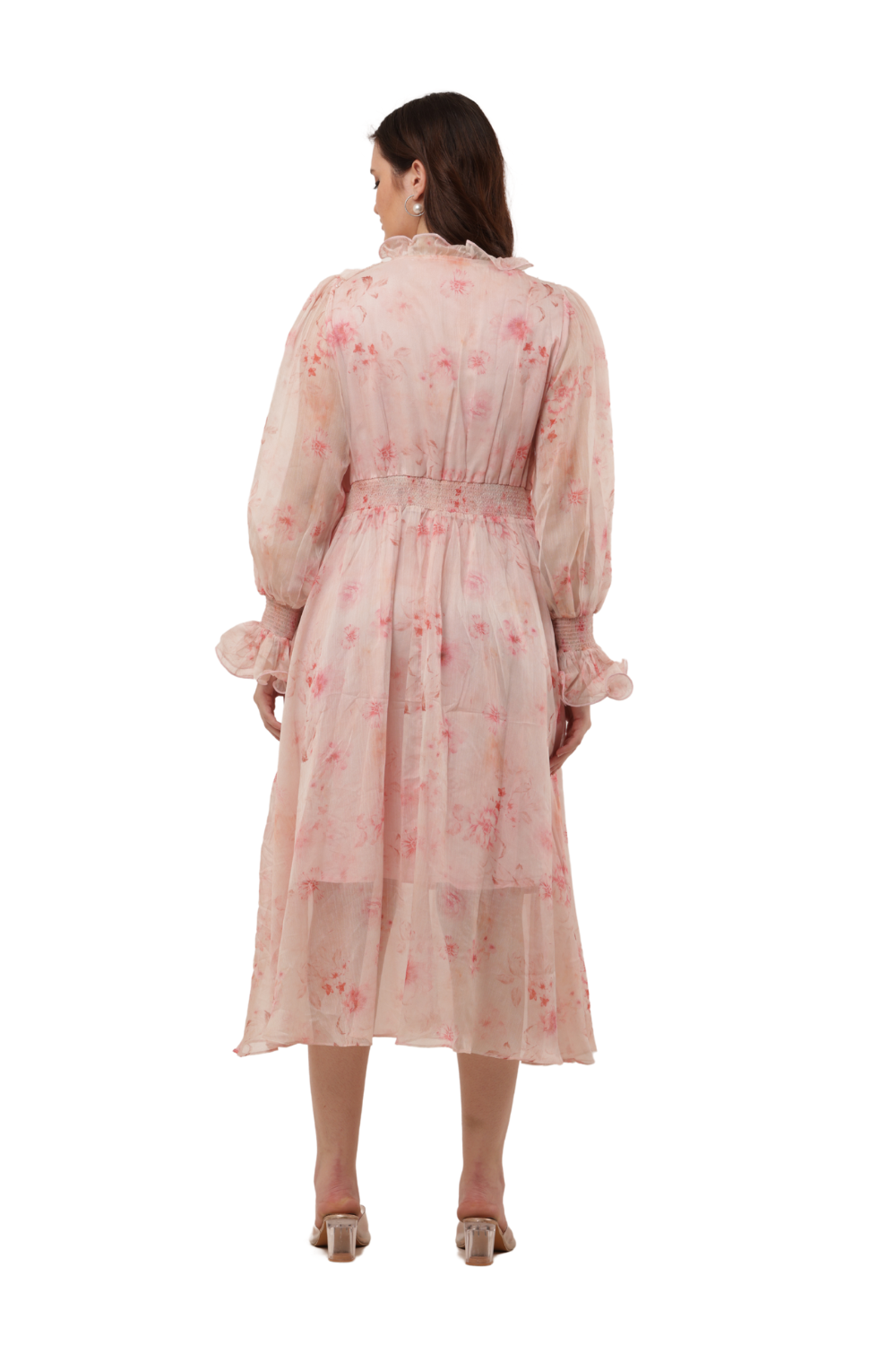 Elegant Floral Ruffle Midi Korean Dress – Sheer Organza | Korean Fashion Clothes