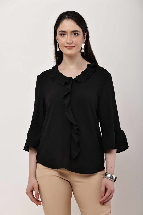 Beige Ruffle Top Women Flared Sleeve Elegant Blouse