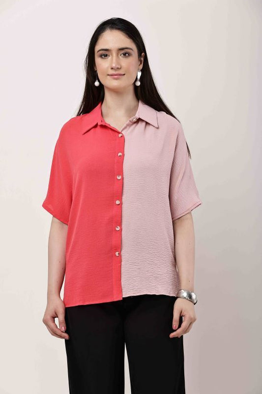 Women Dual Tone Pink Coral Shirt Casual Stylish Top