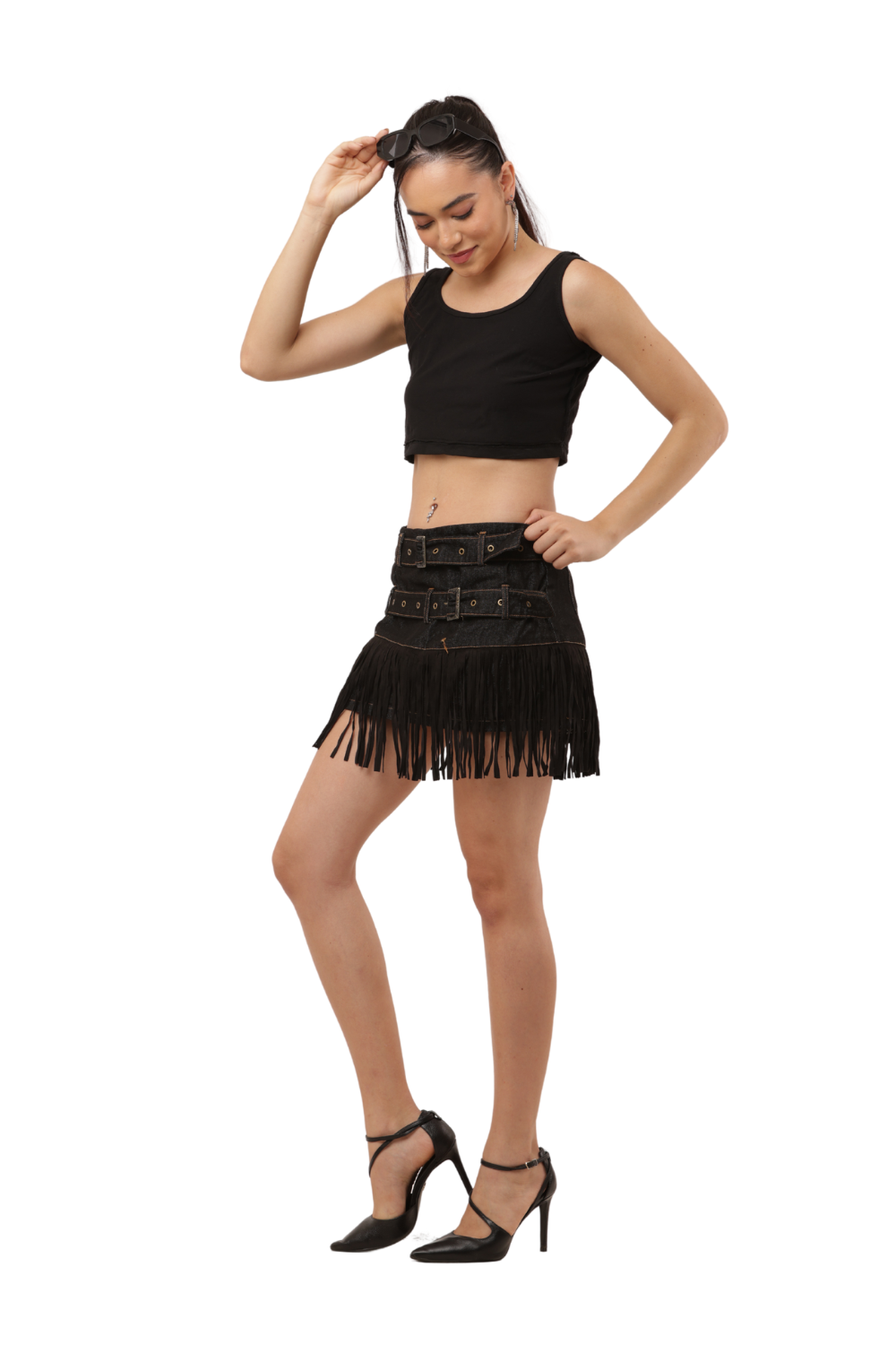 Denim Fringe Mini Skirt with Dual Belt Detail