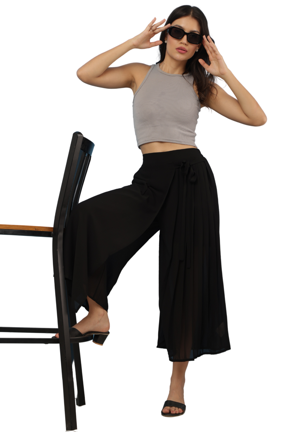 High-Waist Pleated Culottes with Side Tie Detail