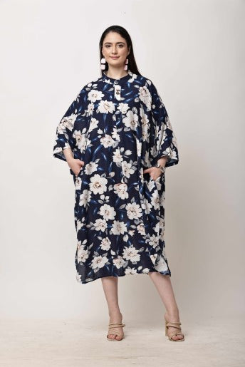 Navy Blue Floral Kaftan Dress for Women | Eid & Ramadan Wear