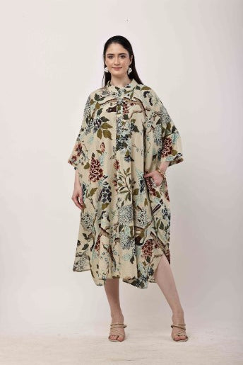 Beige Floral Kaftan Dress | Oversized Korean Style Outfit for Women