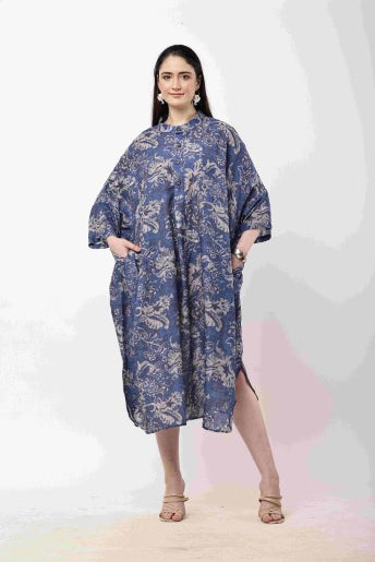 Blue Floral Kaftan Dress Women Oversized Midi Dress