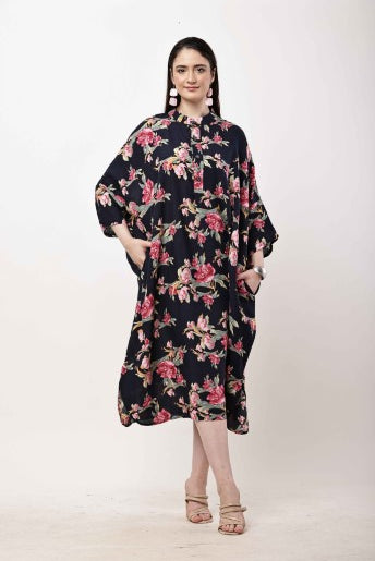 Black Floral Kaftan Dress Women Oversized Midi Dress