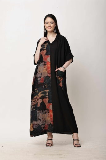 Black Printed Kaftan Dress for Women | Eid & Ramadan Festive Wear