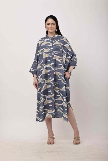 Blue Abstract Kaftan Dress | Oversized Korean Style Women Outfit