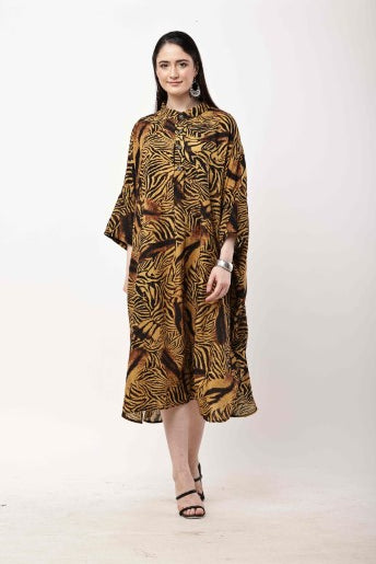 Tiger Print Kaftan Dress Women Oversized Midi Dress