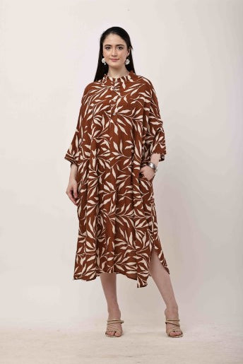 Rust Brown Printed Kaftan Dress for Women | Oversized Korean Style Outfit