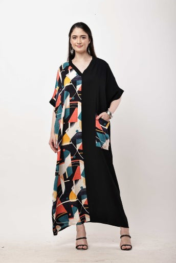 Abstract Color Block Kaftan Dress Women Maxi Dress