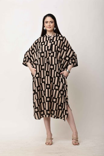 Beige Black Geometric Kaftan Dress for Women | Eid & Ramadan Wear