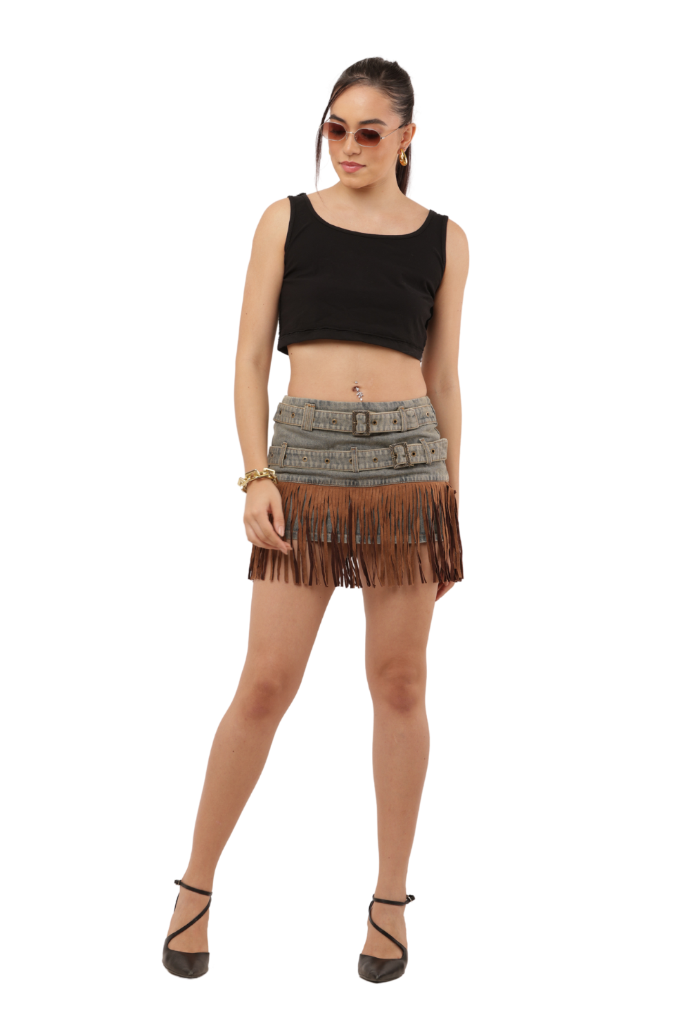 Denim Fringe Mini Skirt with Dual Belt Detail