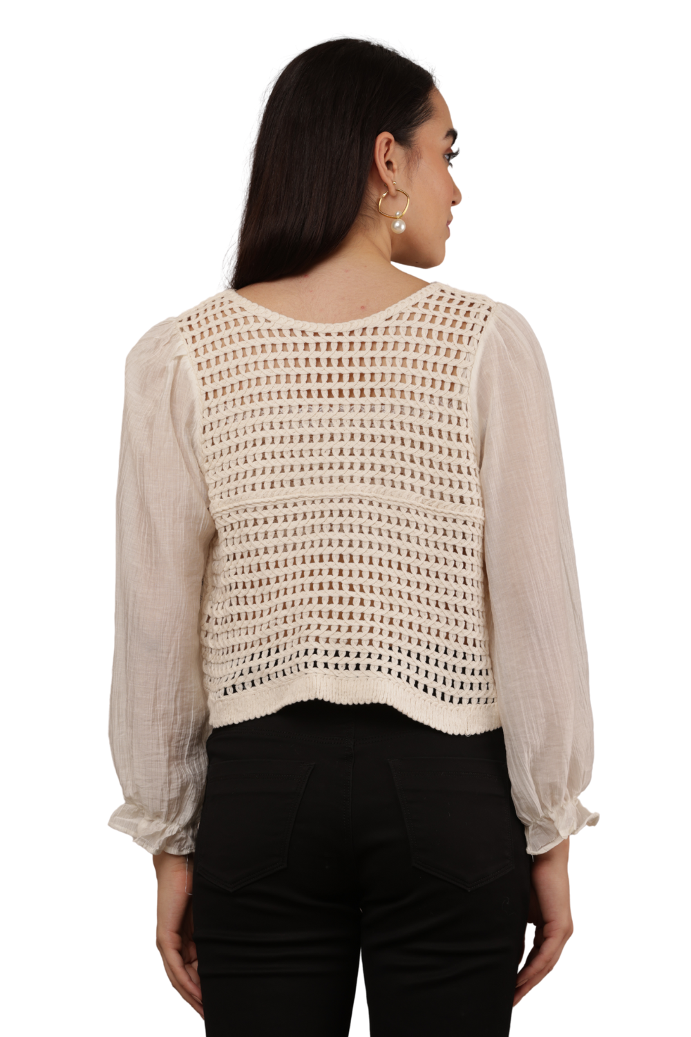 Elegant Embroidered Button-Front Free Size Korean Top with Balloon Sleeves