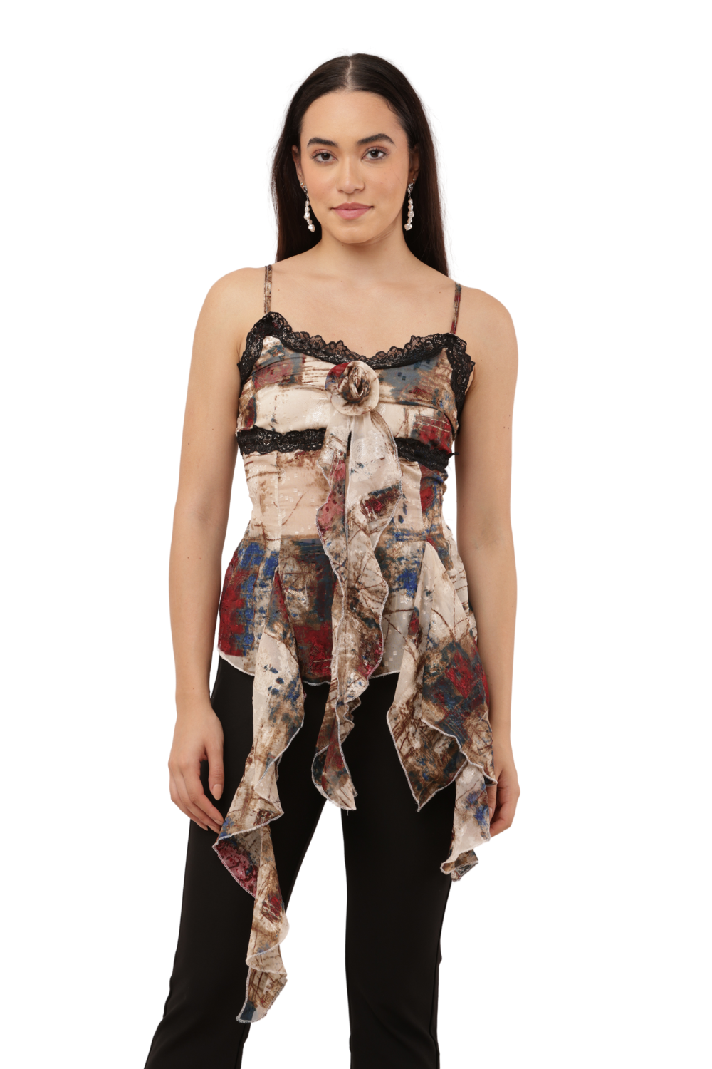 Vintage Abstract Lace-Trim Ruffle Top Free Size with Front Rose Detail
