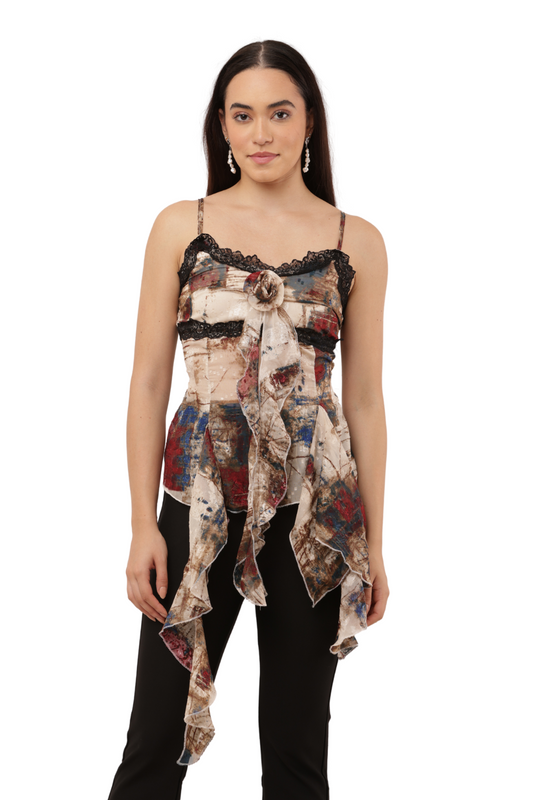 Vintage Abstract Lace-Trim Ruffle Top Free Size with Front Rose Detail