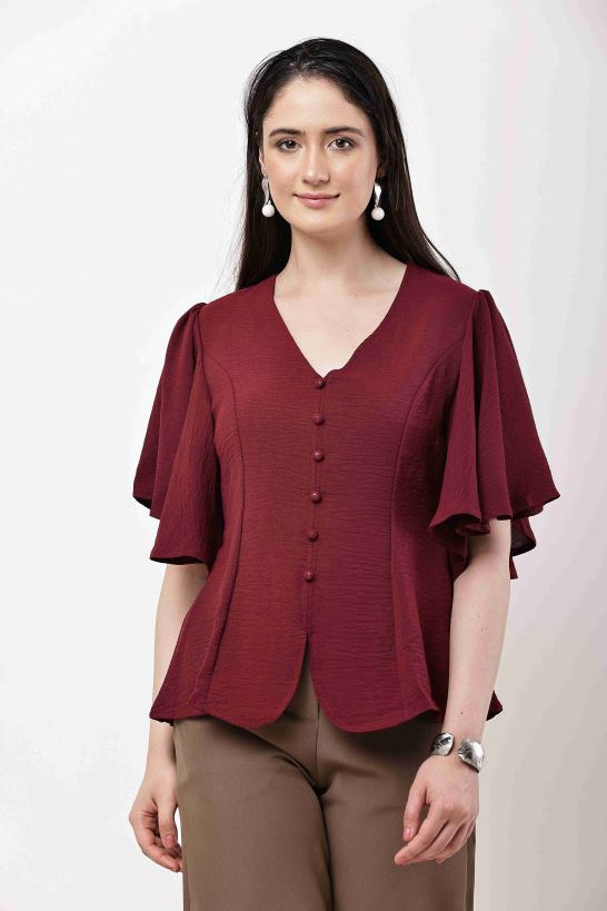 Olive Green Women Top Flutter Sleeve Elegant Blouse