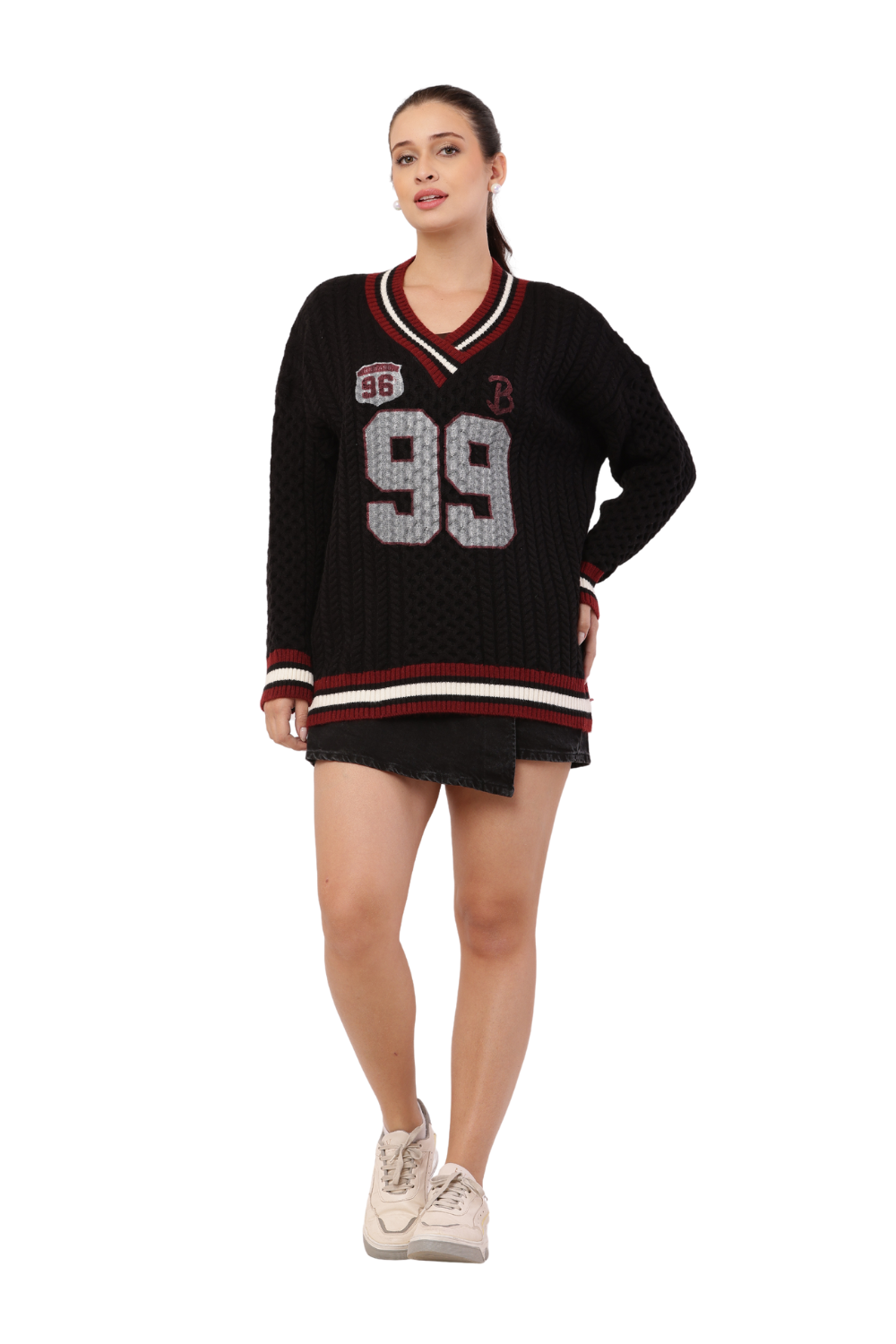 Oversized Varsity Knit Sweater with "99" Patch Design