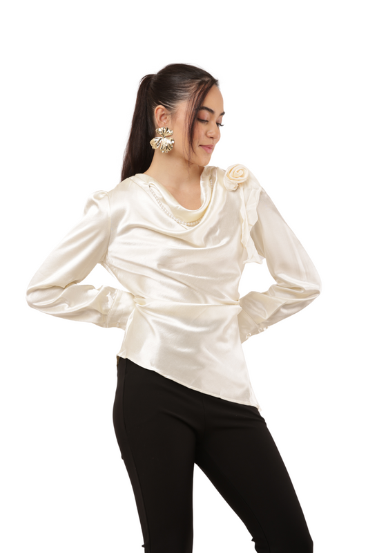 Elegant Draped Shoulder Detail Korean Silk Chiffon Shirt