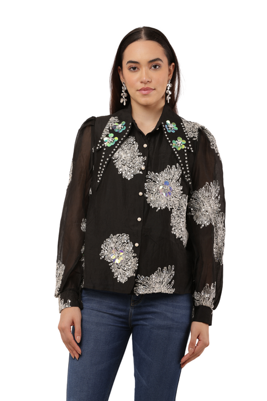 Embroidered Sheer Shirt with Floral Sequins Free Size – Korean Fashion