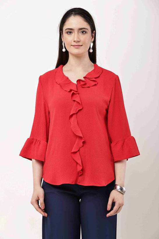 Beige Ruffle Top Women Flared Sleeve Elegant Blouse