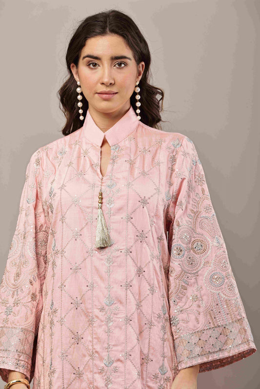 Blush Pink Embroidered Eid Kurta for Women | Luxury Ramadan Maxi Dress