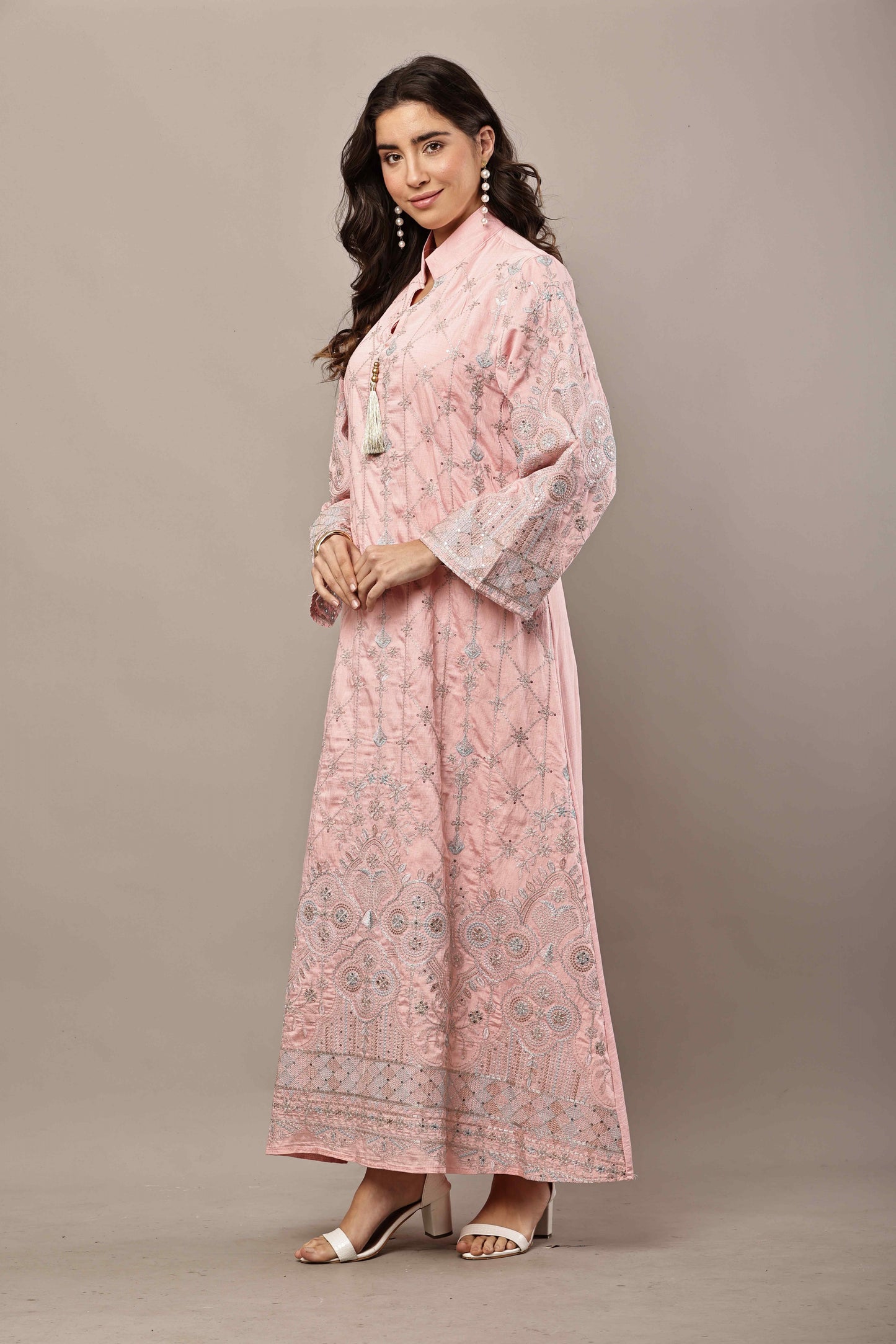 Blush Pink Embroidered Eid Kurta for Women | Luxury Ramadan Maxi Dress