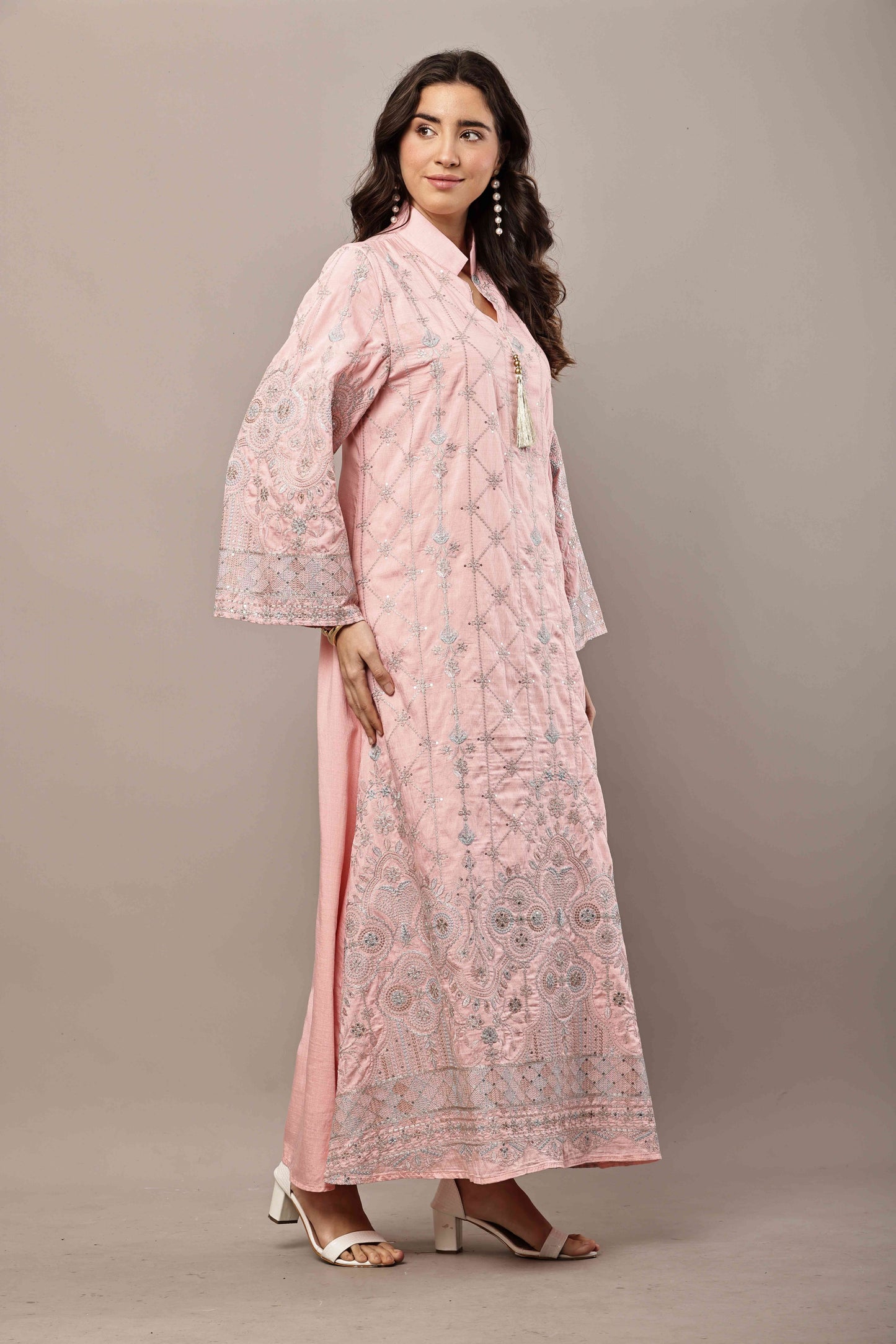 Blush Pink Embroidered Eid Kurta for Women | Luxury Ramadan Maxi Dress