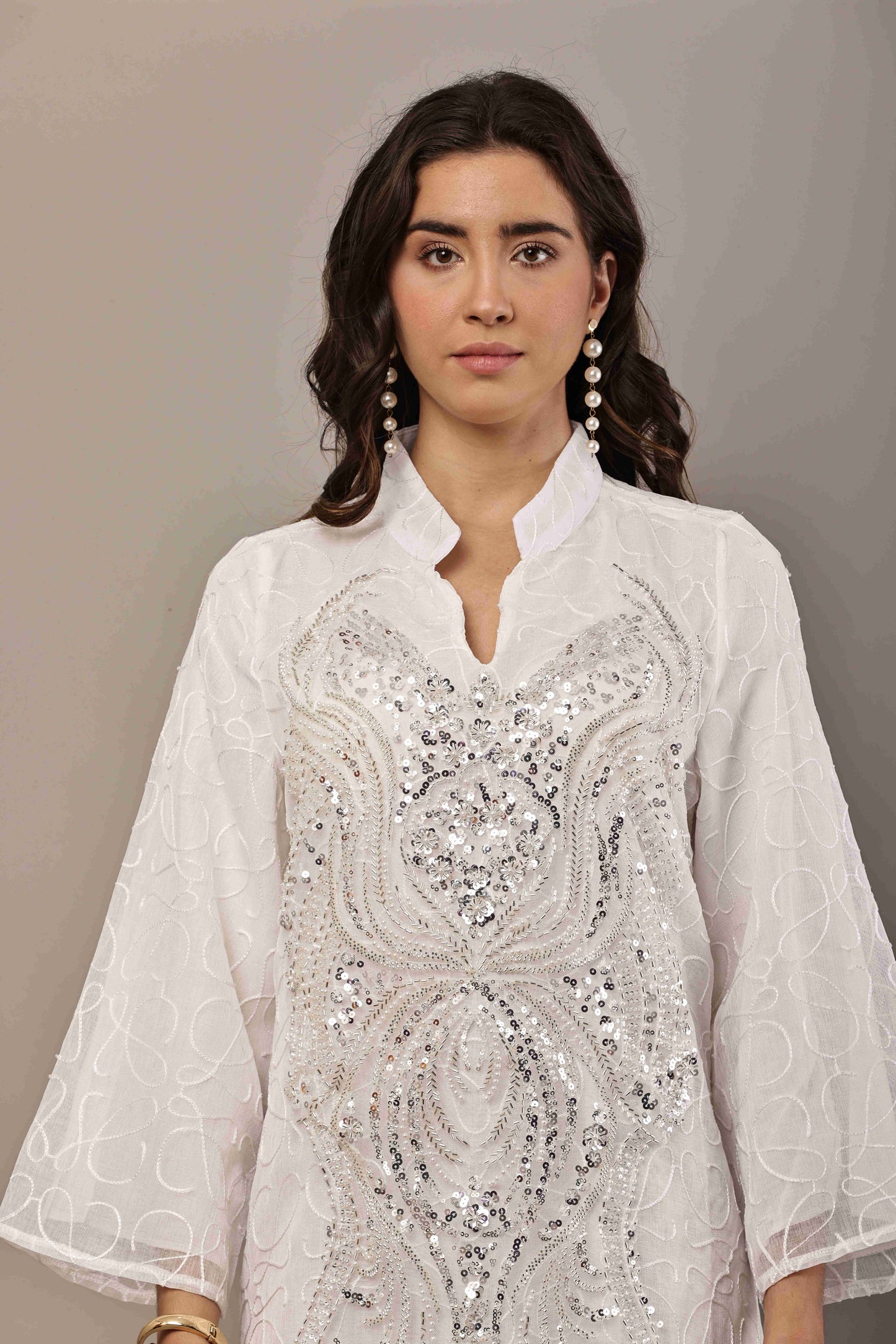 White Sequin Embroidered Eid Dress for Women | Luxury Ramadan Maxi Outfit