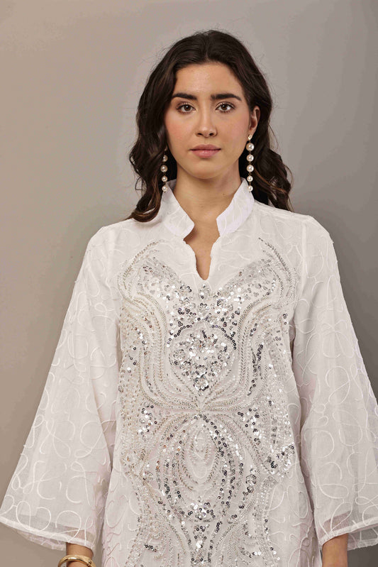 White Sequin Embroidered Eid Dress for Women | Luxury Ramadan Maxi Outfit