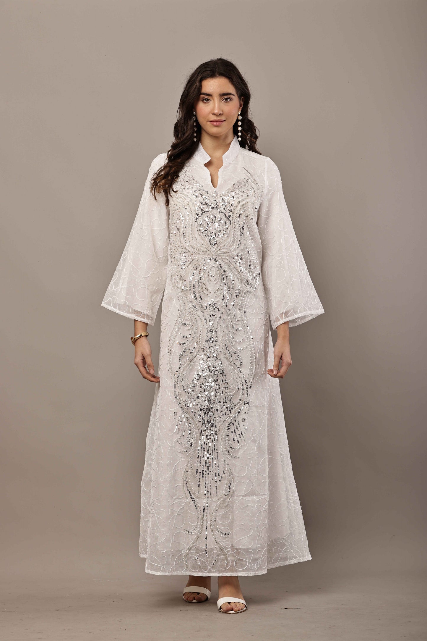 White Sequin Embroidered Eid Dress for Women | Luxury Ramadan Maxi Outfit