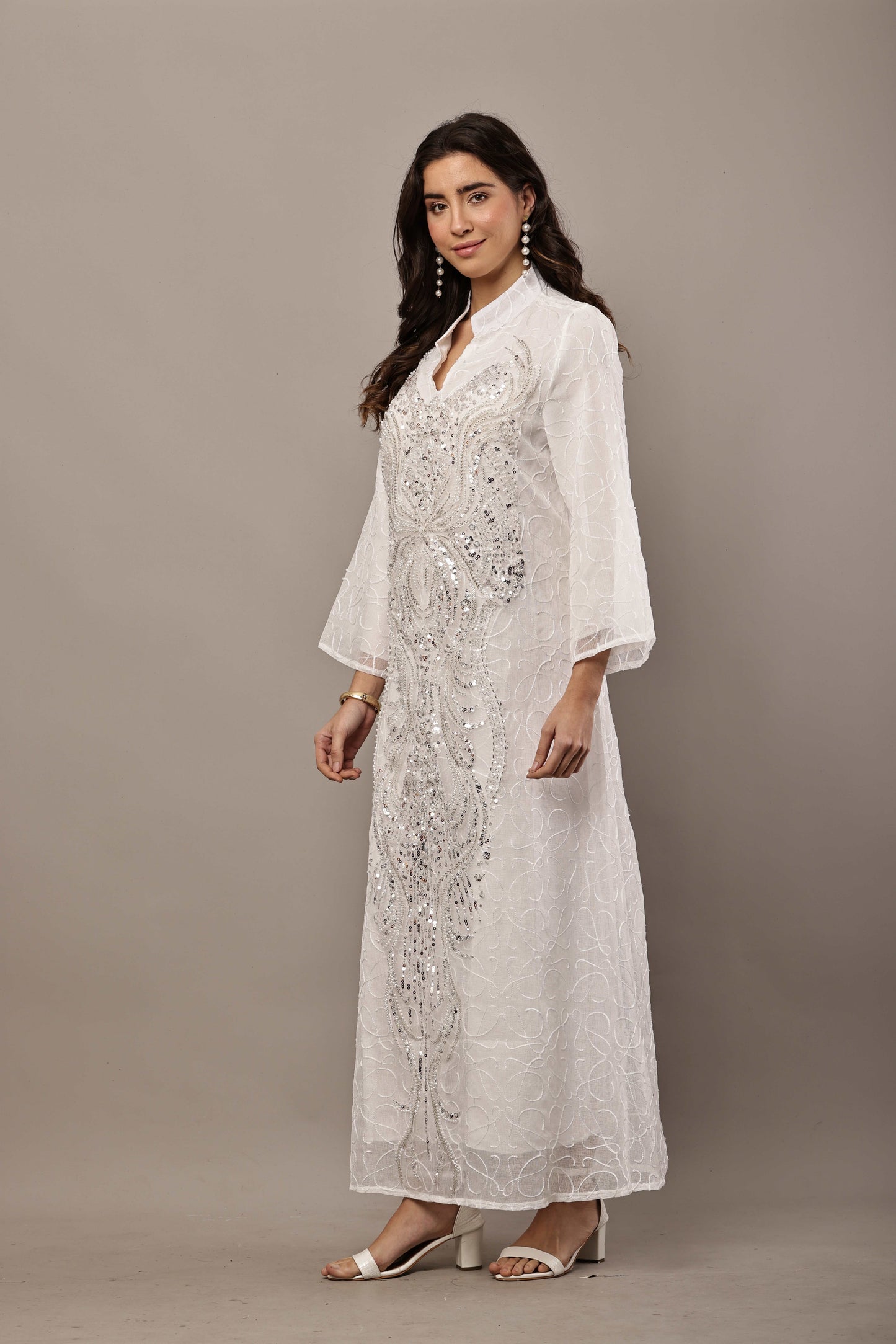 White Sequin Embroidered Eid Dress for Women | Luxury Ramadan Maxi Outfit
