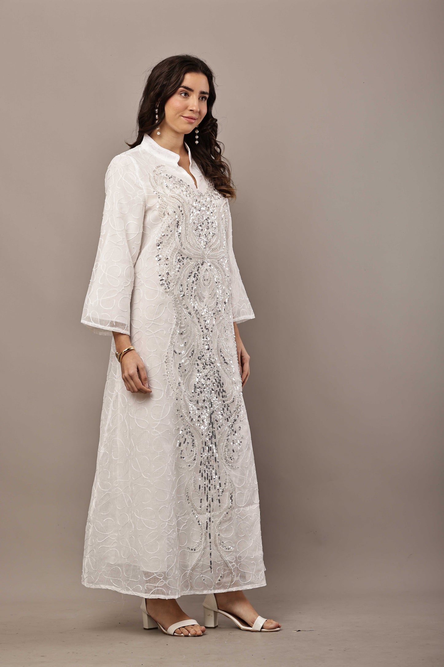 White Sequin Embroidered Eid Dress for Women | Luxury Ramadan Maxi Outfit