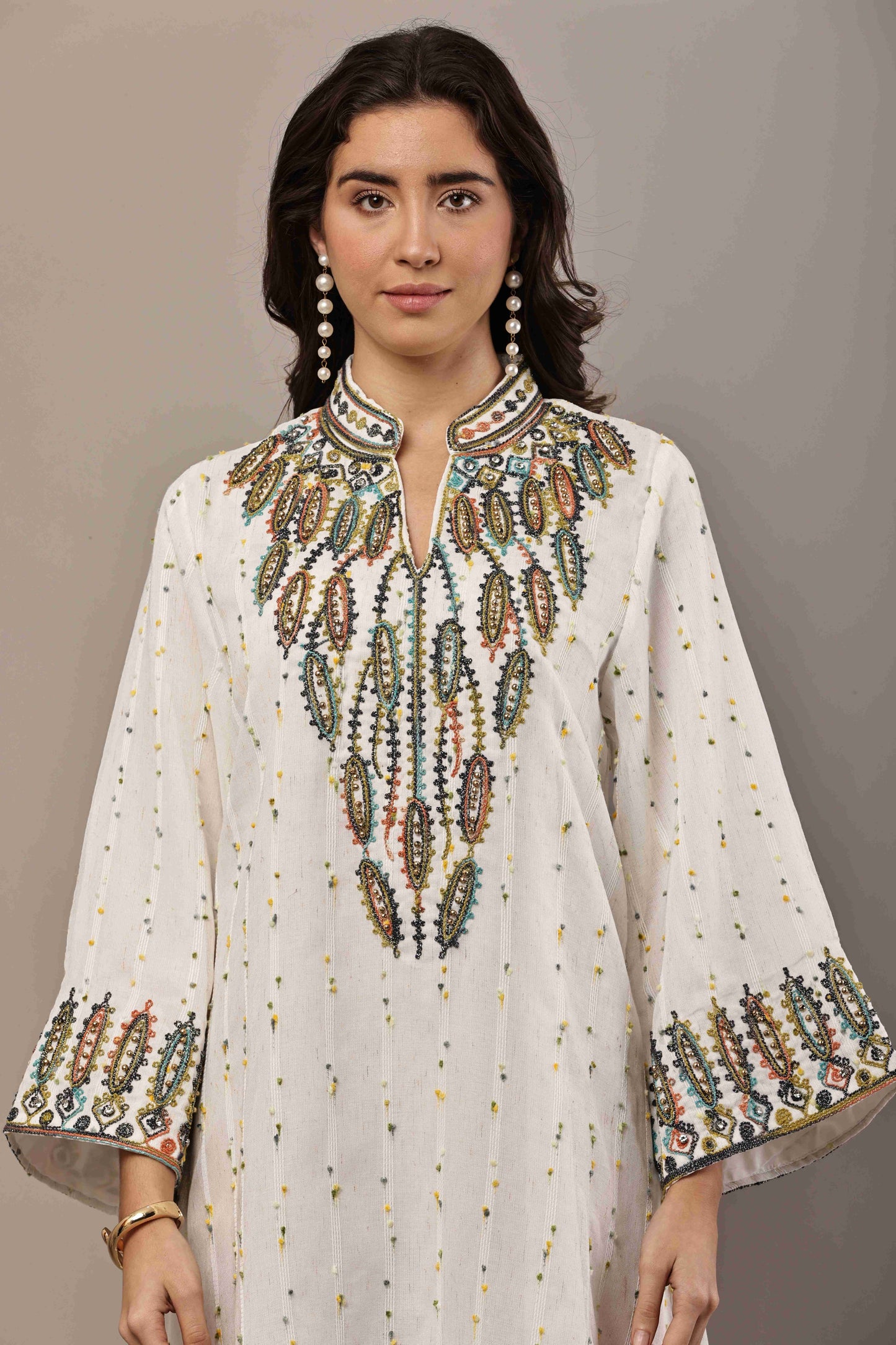 Off-White Embroidered Eid Kurta for Women | Elegant Ramadan Maxi Dress