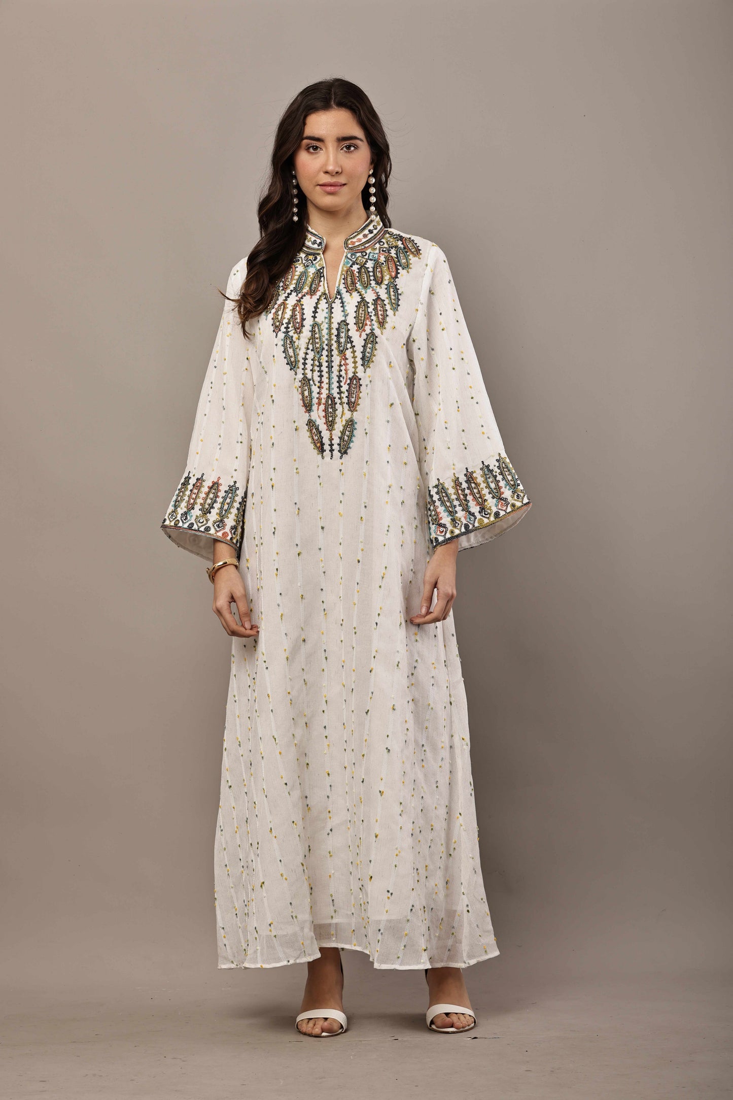 Off-White Embroidered Eid Kurta for Women | Elegant Ramadan Maxi Dress